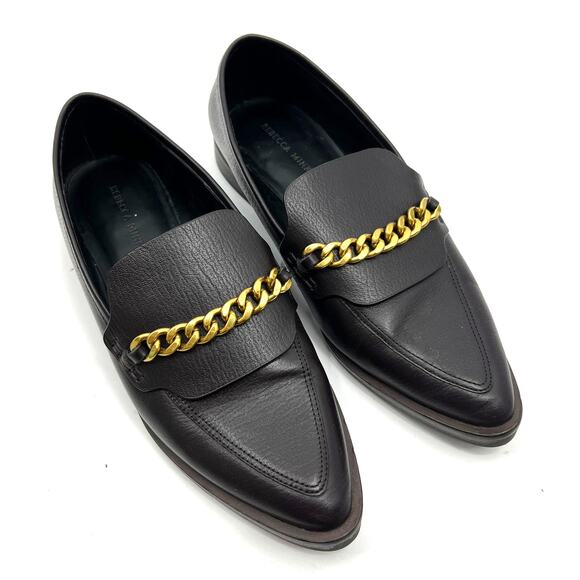 Rebecca Minkoff Pacey Gold Chain Dark Brown Pointy Loafer Leather US 9.5 eu 41 - Picture 1 of 7